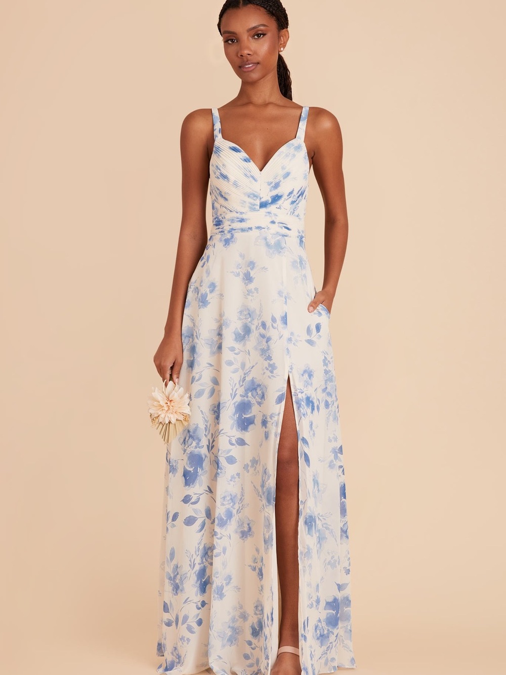Birdy Grey Cream Maxi Dress with Blue Floral Print and V-Neckline